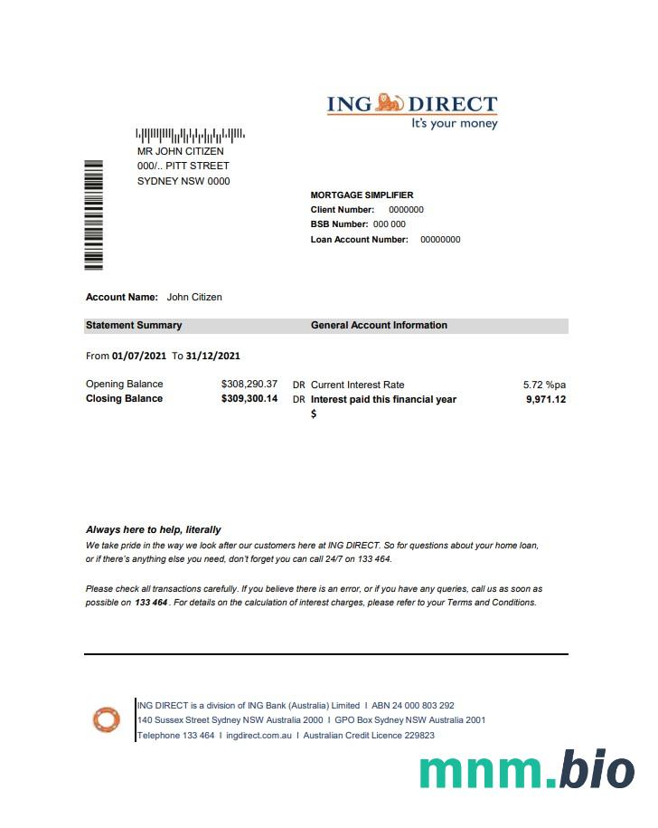Australia ING DIRECT wyciąg bankowy 2 stronas xls